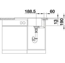 Technische tekening van een aanrechtspoelbak met afmetingen.