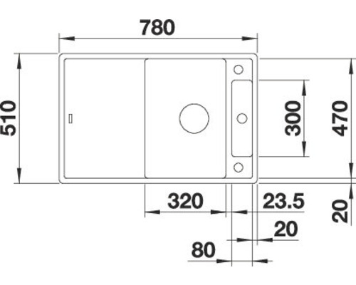 Technische tekening van een spoelbak met maatvoering