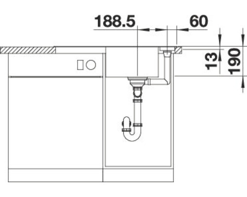 Technische tekening van een spoelbak met afmetingen