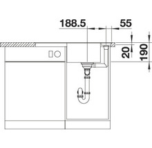 Technische tekening van een gootsteen met de afmetingen 188,5 mm, 55 mm, 20 mm en 190 mm