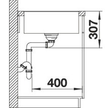 Schets van een wasbak met afvoerpijp en maatvoering