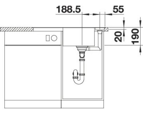 Schets van een spoelbak met afmetingen voor installatie