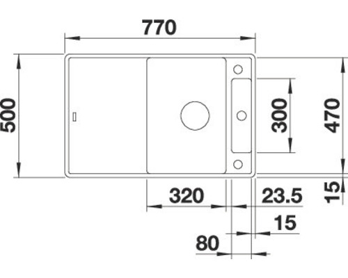 Tekening van een spoelbak met maatvoering