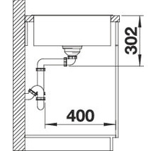 Technische tekening van een spoelbak met sifon en de afmetingen 400 bij 302 millimeter.