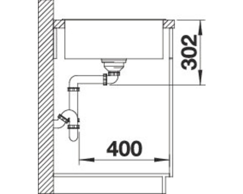 Schets van een gootsteen met sifon en maatvoering