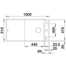 Tekening van een gootsteen met maatvoering.