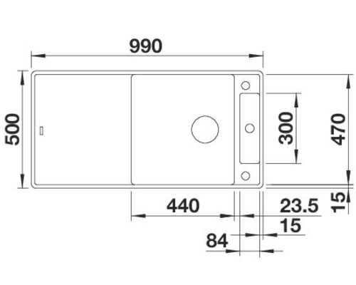Tekening van een spoelbak met afmetingen
