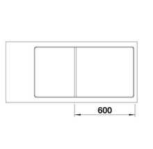 Tekening van een rechthoekige wastafel met twee waskommen en maataanduiding 600