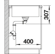 Technische tekening van een spoelbak met de afmetingen 307 en 400 millimeter.