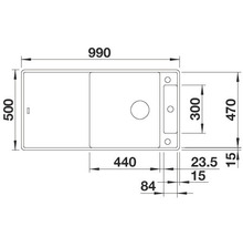 Technische tekening van een spoelbak met afmetingen 990 x 500 mm