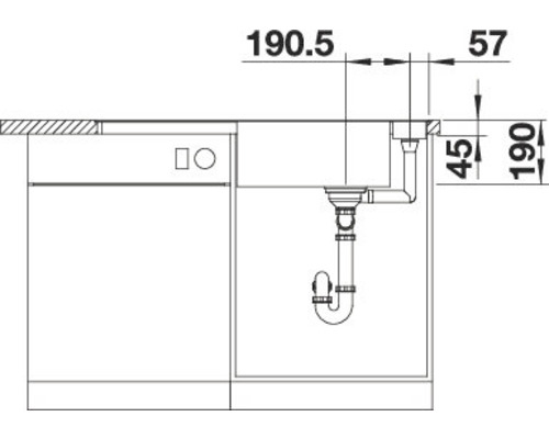 Technische tekening van een spoelbakonderkast met afmetingen
