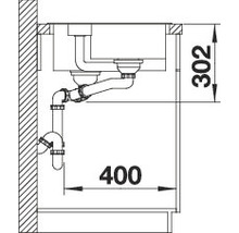 Schets van een gootsteen met sifon en maatvoering