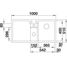 Technische tekening van een spoelbak met de bijbehorende afmetingen