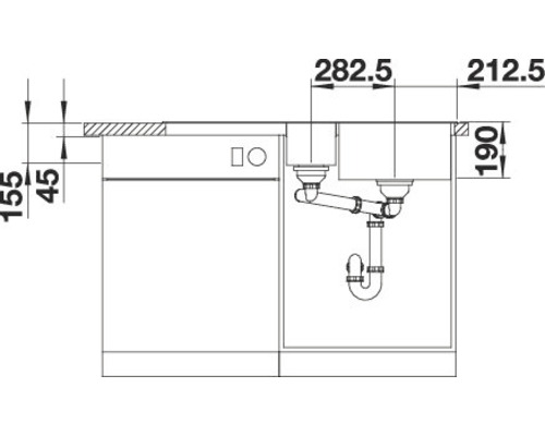 Technische tekening van een aanrechtspoelbak met maatvoering voor keukenplanning