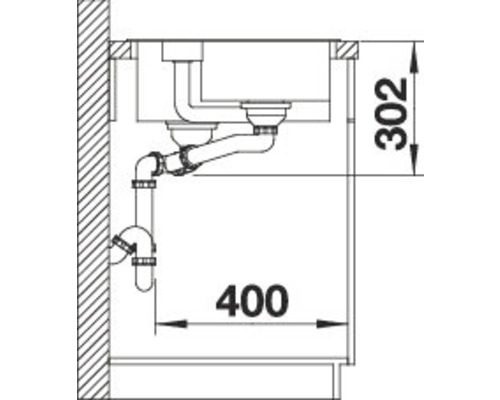 Schets van een gootsteen met afvoerpijpen en afmetingen