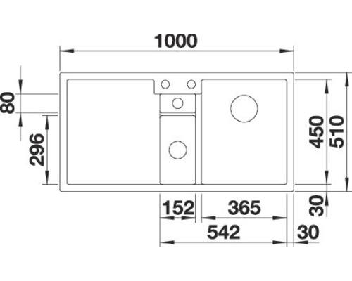 Technische tekening van een spoelbak met afmetingen