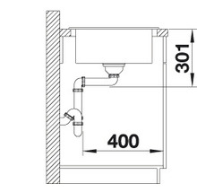 Installatietekening van een spoeltafel met afvoergarnituur en maatvoering