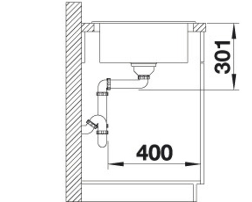 Installatietekening van een spoeltafel met afvoergarnituur en maatvoering