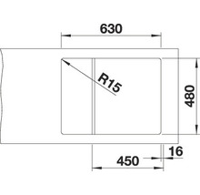 Technische tekening van een spoelbakuitsparing met afmetingen