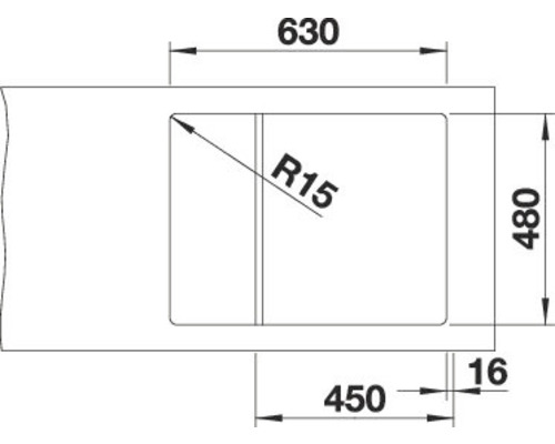 Technische tekening van een spoelbakuitsparing met afmetingen