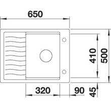 Technische tekening van een spoelbak met de afmetingen 650, 500, 410, 320, 90 en 45 millimeter