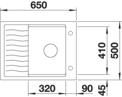 Technische tekening van een spoelbak met de afmetingen 650, 500, 410, 320, 90 en 45 millimeter