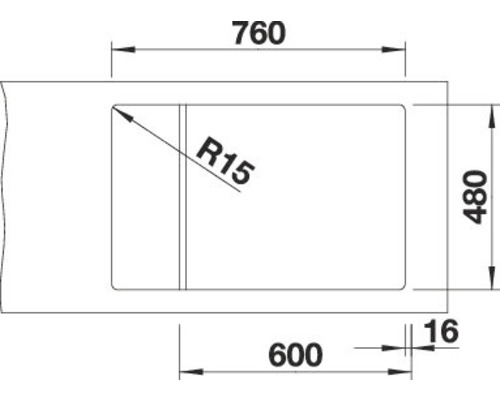 Technische tekening van een spoelbak met afmetingen in millimeters