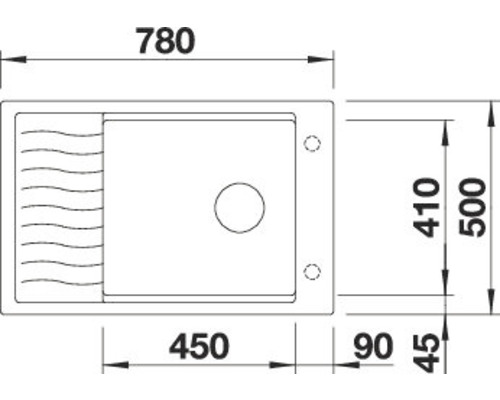 Technische tekening van een spoelbak met maatvoering