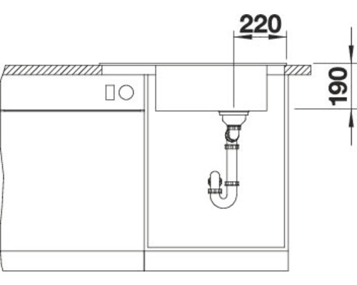 Schets van een spoelbak met maatvoering voor installatie