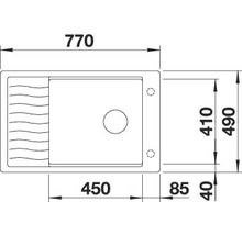 Tekening van een spoelbak met afmetingen