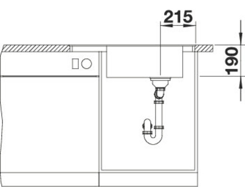 Technische tekening van een spoelbak met afmetingen