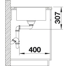 Installatietekening van een spoelbak met maatvoering 307 en 400.