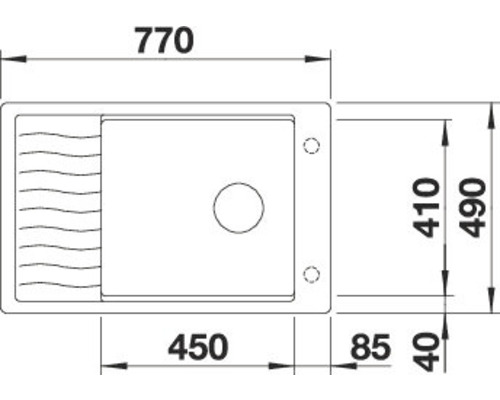 Tekening van een gootsteen met de afmetingen 770 x 490 millimeter