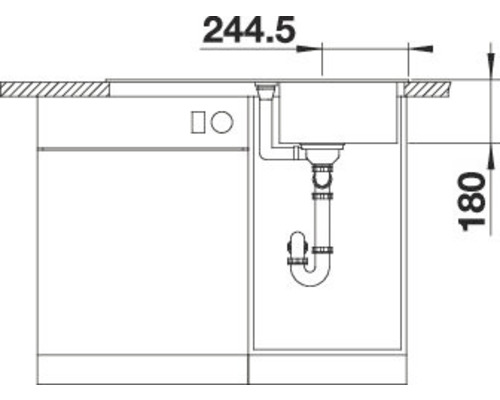 Tekening van een gootsteen met afmetingen voor de installatie