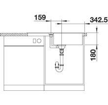 Technische tekening van een spoelbak met afmetingen.