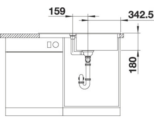 Technische tekening van een spoelbak met afmetingen.