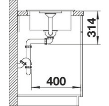 Schets van een gootsteen met afvoergarnituur en maatvoering