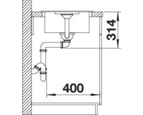Schets van een gootsteen met afvoergarnituur en maatvoering