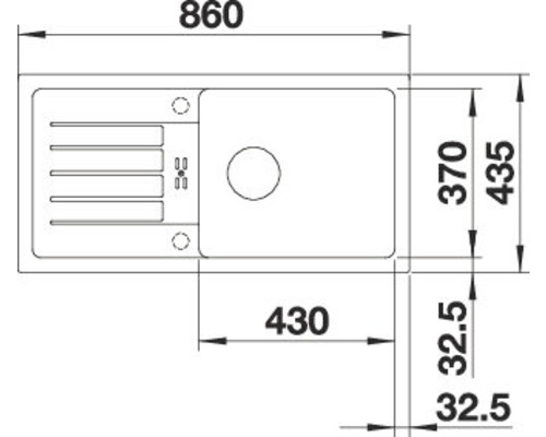 Schets van een spoelbak met afmetingen