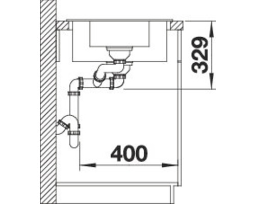 Technische tekening van een gootsteen met afvoerpijpen en afmetingen