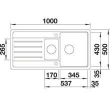 Technische tekening van een gootsteen met afmetingen