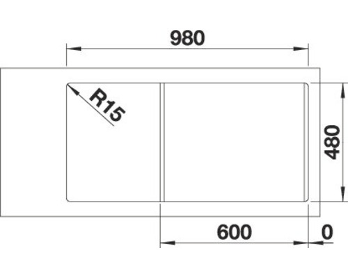 Technische tekening van een gootsteen met de afmetingen 980, 480 en 600.