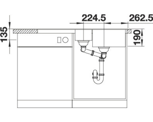 Tekening van een gootsteen met afmetingen