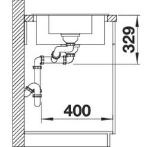Schets van een aanrecht met leidingen en afmetingen