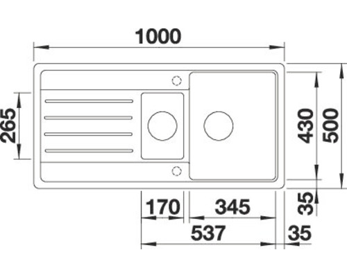 Technische tekening van een aanrechtspoelbak met afmetingen