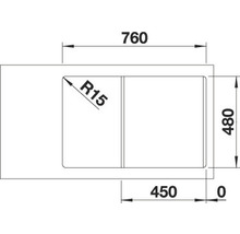 Technische tekening van een spoelbak met maatvoering in millimeters