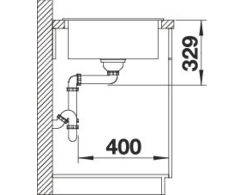 Installatietekening van een spoelbak met sifon en maataanduidingen.