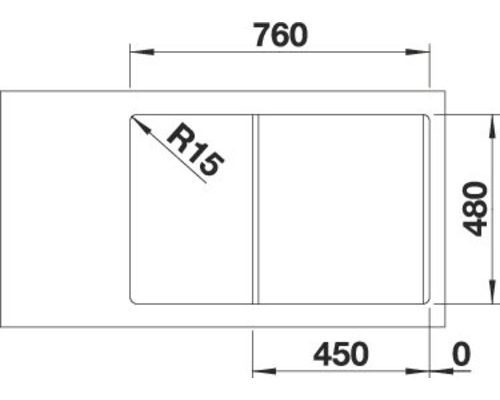 Technische tekening van een spoelbak met afmetingen 760 x 480 mm