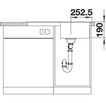 Technische tekening van een gootsteen met maatvoering.