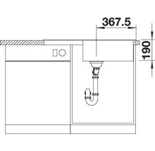 Technische tekening van een spoelbak met afmetingen